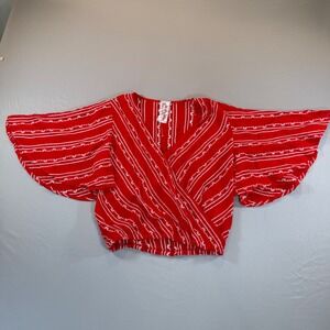 Red White Embroidered Wrap Crop Top Flutter Sleeve AA212210 Small Boho Romantic